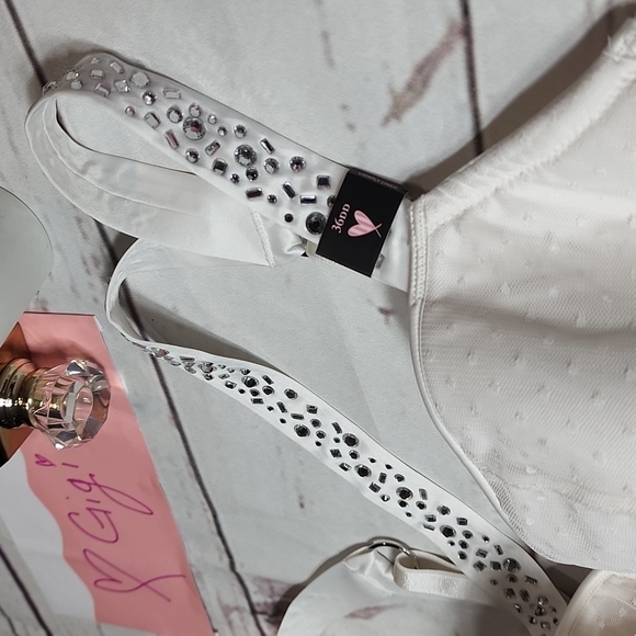 SET VICTORIA Secret White Sheer Bling Bow Lace Dots Dream Angels Corset 36 DD - Picture 8 of 14